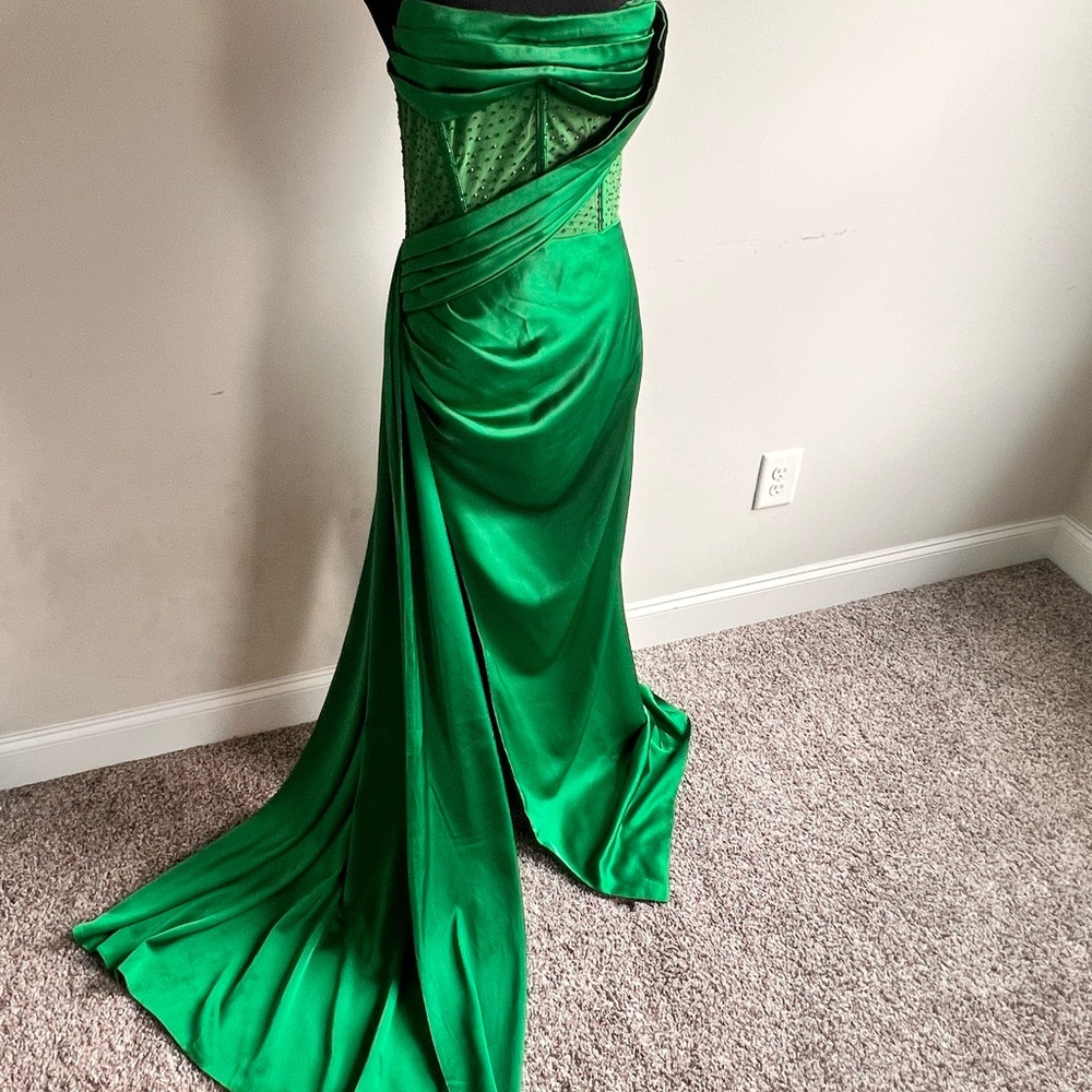Miss Circle Emerald Green Medium Crystallized Corset High slit satin gown Dress